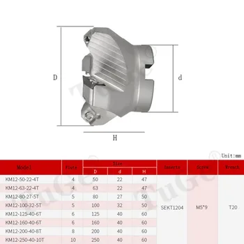 TuGe CNC Tvár Frézovanie Cutter Head KM12 50-22-4t-taktné KM12 63-22-4t-taktné KM12-80-27-5T 100-32-5T Frézovacie hlavy použiť SEHT1204 vložky
