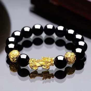 Móda Obsidian Kameň Korálky Náramok Náramok Gold Black Pixiu Bohatstvo, Šťastie pre Mužov, Ženy Unisex Milovníkov Náramky Hot Predaj Obrázok 2