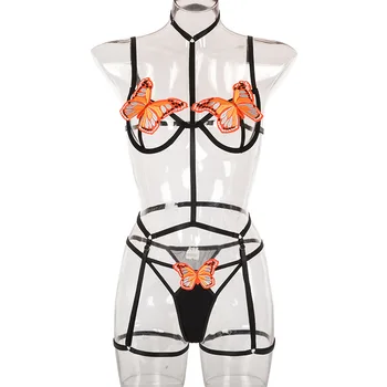Nový Sexy Dámy Vyhovovali Slim Bra Ladies Exotické Priesvitný Set Spodnej Bielizne Pyžamo Výšivky Motýľ Nastaviteľné Ramenný Popruh Kríž Dizajn