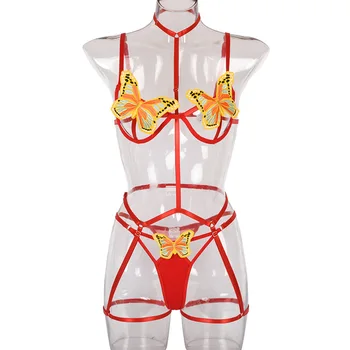 Nový Sexy Dámy Vyhovovali Slim Bra Ladies Exotické Priesvitný Set Spodnej Bielizne Pyžamo Výšivky Motýľ Nastaviteľné Ramenný Popruh Kríž Dizajn Obrázok 2