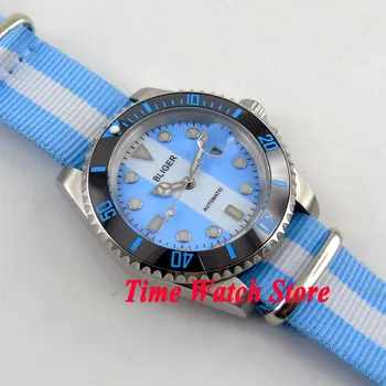 Bliger 40mm nebo biela dial dátum svetelný keramická fazeta modrá nylon popruh Miyota mechanické Automatické pánske hodinky 155