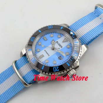 Bliger 40mm nebo biela dial dátum svetelný keramická fazeta modrá nylon popruh Miyota mechanické Automatické pánske hodinky 155 Obrázok 2
