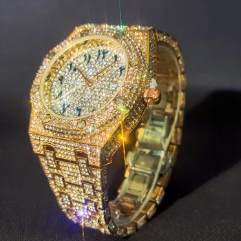 MISSFOX arabské Číslice Muž Hodinky Rose Gold Quartz Plný Diamond Luxusné Náramkové hodinky Mužov Relógio Masculino Hiphop Nehrdzavejúcej Ocele