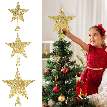 1Pc Lesk Kovov Star Ornamnet Na Vianočný stromček Vňaťou Star Decoratons Xmas Party Zlato, Striebro Červenej Hviezdy Dekor Obrázok 2