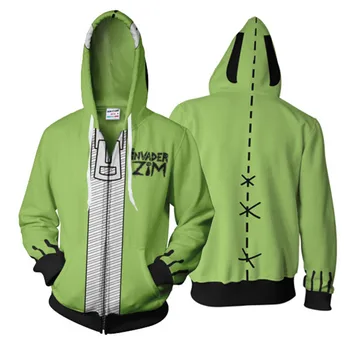 Zelená hoodies 3D tlač Anime Invader Zim Zips s Kapucňou, Mikina Zim Cosplay Kostým Mužov Bundy Kabáty