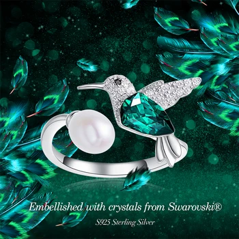 Cdyle Luxusné Striebro 925 Šperky Ženy Pearl Krúžky so Zelenými Kryštálmi od Swarovski Kolibrík Prst Ringen Voor Vrouwen