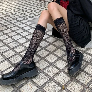 Biela Čipka Teľa Ponožky dámske Dlhé Pančuchy-Tube Čipky Japonský Čierny Pol-Nohy Obrázok 2