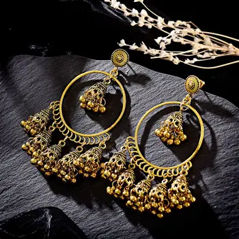 TopHanqi Indickej-jhumka Náušnice Šperky Pre Ženy Boho Etnických Cigán Gold okolo Veľké Zvony Strapec Drop Náušnice boucle d'oreille Obrázok 2