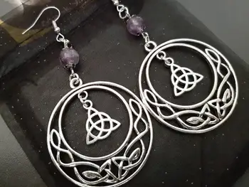 Keltský Uzol Okrúhle Náušnice, Prírodné Purple Stone Triquetra Náušnice, Pohanské Šperky, Wiccan Šperky, Darčeky pre Ženy