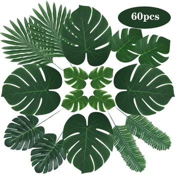 60 Ks Umelých Monstera Rastliny Tropická Palma Listy pre Hawaiian Luan Zelene Svadobné Party Dekorácie Fotografie