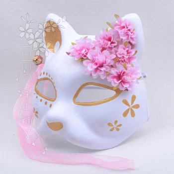 Starožitný hanfu fox mačky ručne maľované polovicu tváre masku sakura ružové zlato hodvábneho kvetu bell cosplay Obrázok 2