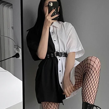 Harajuku Patchwork Ženy Mini Šaty S Tlačidlo Voľné Tuhé Streetwear Gotický Krátky Rukáv Šaty Modis Ženy Strany Oblečenie Obrázok 2