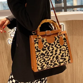Móda Leopard Luxusné póry Dreva, Bambusové Prenosná Taška Žien Pu Kožené Veľkú Kapacitu, Luxusný Dizajn Tote Bag Ženské Kabelky