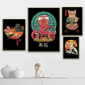 Japonské Anime Mačka Ramen Sushi Plagáty A Vytlačí Retro Plátno Na Maľovanie Obývacia Izba Domáce Dekorácie Nástenná Maľba Tlač Wall Art Obrázok Obrázok 2