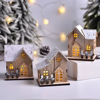 Vianočné Drevené LED Svetlo Svietiace Malý Dom Ručne vyrobené Vianočné Ploche Ozdoby Domáce Dekorácie Obrázok 2