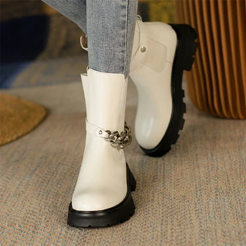 Meotina Ženy Originálne Kožené Členkové Topánky Na Platforme Hrubé Med Päty Chelsea Boots Kolo Prst Reťazca Dámy Topánky Na Jeseň Biela Čierna Obrázok 2