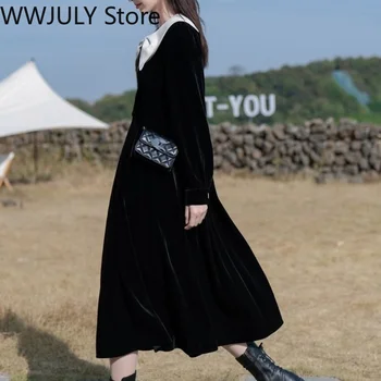 Čierna Vintage Zamatové Šaty Žien Kawaii Jeden Kus Oblečenia Kórejský Módne Dlhý Rukáv Elegantné Midi Šaty Čela Dizajn 2021 Zime