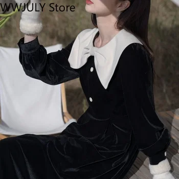 Čierna Vintage Zamatové Šaty Žien Kawaii Jeden Kus Oblečenia Kórejský Módne Dlhý Rukáv Elegantné Midi Šaty Čela Dizajn 2021 Zime Obrázok 2