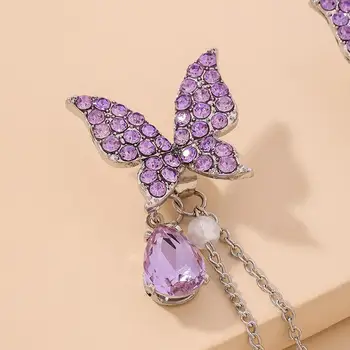 Lesklé Drahokamu fialový Motýľ Drop Náušnice Pre Ženy Elegant Pearl Visieť Strapec Náušnice Žena Strany Šperky Obrázok 2