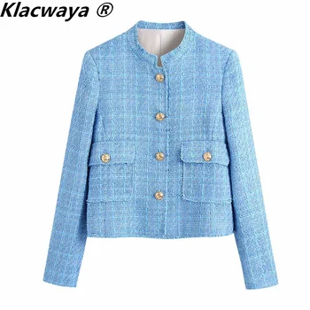 Klacwaya 2021 Ženy Modrá Textúrou Krátke Sako Vintage Single-Breasted Dlhý Rukáv Linajkované Pocket Žena Jeseň Ulici Vrchné Oblečenie