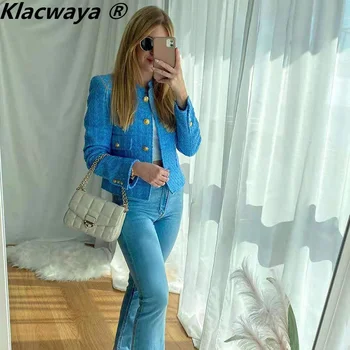 Klacwaya 2021 Ženy Modrá Textúrou Krátke Sako Vintage Single-Breasted Dlhý Rukáv Linajkované Pocket Žena Jeseň Ulici Vrchné Oblečenie Obrázok 2