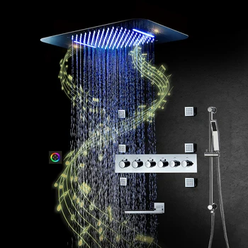 M Boenn Luxusné Sprchové Systémy LED Sprcha Nastaviť Termostatické Vysoký Tlak Dážď ShowerHeads Hudby Sprchovací Panel Matte Black / Chrome Obrázok 2