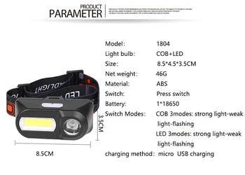 Prenosný mini XPE+COB LED Svetlomet USB Nabíjateľné Camping Vedúci svetlo Rybárske svetlomet baterky baterky do 18650 batérie Obrázok 2