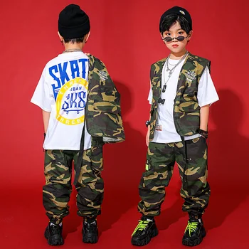 Chlapci Hip Hop Jogger Dievčatá Kamufláž Vesta Cargo Nohavice Vojenské Tee Street Dance Deti Jazz Oblečenie Sady Teens Streetwear Kostýmy
