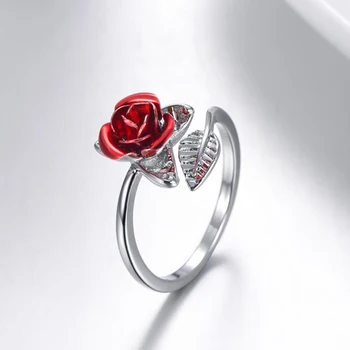 Ženy Prst Prstene Pre Ženy S Red Rose Garden Kvet, Listy Otvorených Krúžok Resizable Valentín Šperky, Darček Pre Priateľku Obrázok 2