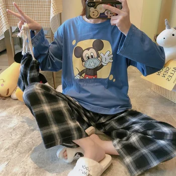 Ženské Mickey Karikatúra Roztomilý Pyžamo Set-Top-Košele, Nohavice Kawaii oblečenie pre voľný čas Oblek Žena Jeseň Zima kórejský Sleepwear Vyhovuje Disney