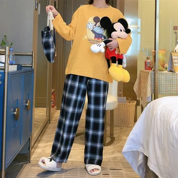 Ženské Mickey Karikatúra Roztomilý Pyžamo Set-Top-Košele, Nohavice Kawaii oblečenie pre voľný čas Oblek Žena Jeseň Zima kórejský Sleepwear Vyhovuje Disney Obrázok 2