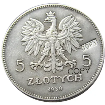 1930 Poľsko 5 Zlotych Strieborné Pozlátené Kópiu Mince Obrázok 2