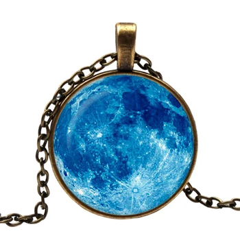 Blue moon prívesok full moon náhrdelník sklo foto modrá outer space Star šperky dámske módne 2019 Handmade Šperky, veľkoobchod