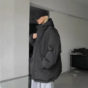 2021 zime s kapucňou mužov stáť golier bežné polyester zips farbou nadrozmerná voľné čierne hrubé teplé bundy Obrázok 2