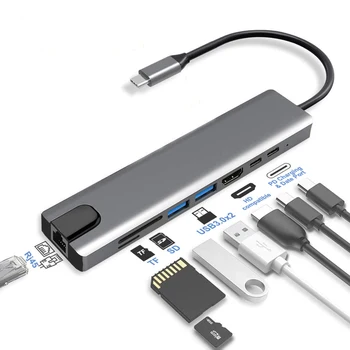 USB Typ-C Rozbočovač HDMI kompatibilné s USB 3.0 Adapter 8 v 1 Typu C Konektor Pre Macbook Pro/Vzduch Povrchu iPad PC Prenosný Počítač Obrázok 2