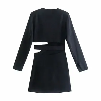 TRAF Za Čierna vystrihnuté Šaty Žena Skladaný Krátke Šaty Žien s Dlhým Rukávom Letné Šaty Žien 2021 Mini Ruched Elegantné Šaty