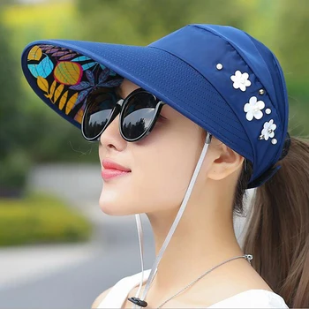 1PCS ženy letné Slnko Klobúky pearl packable slnečná clona klobúk s veľkými hlavami široký okraj pláže hat UV ochranu žien spp Obrázok 2