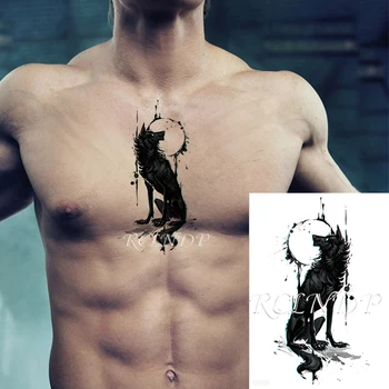 Nepremokavé Dočasné Tetovanie Nálepky Vlk Pozeral Mesiac Veľké Zviera Falošné Tatto Flash Tetovanie Rameno Nohu Späť Body Art pre Mužov, Ženy