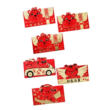 6 Ks Čínske Červené Obálky, Rok Tigra Červené Obálky Šťastie, Peniaze Pakety pre Jarný Festival Narodeniny Dodávky Obrázok 2