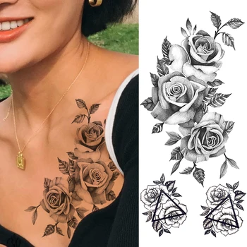 Móda Kvet Dočasné Tetovanie Nálepky DIY Wome Móda Body Art Tetovanie Pre Ženy, Dievča, Fake Black Geometrické Rose Tetovanie Odtlačkový Obrázok 2