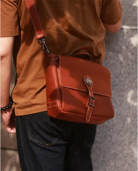 Retro módny návrhár prírodné reálnom kožené pánske messenger taška na bežné denné práce kvalitnej hovädzej kože ramenný messenger taška Obrázok 2