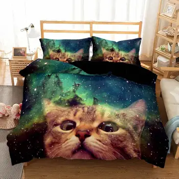 3D Galaxy Mačka Perinu Nastaviť Jeden Double Twin/Kráľovnej 2/3ks posteľná bielizeň Sady obliečky na Vankúše Vesmíru, vesmír Posteľná Bielizeň