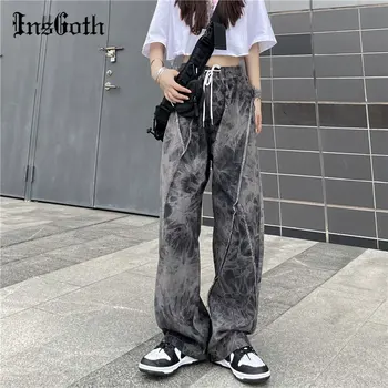 InsGoth Grunge Širokú Nohu, Čierne Nohavice Harajuku Vintage tie Dye Rovné Nohavice Goth Streetwear Y2K Voľné Tanečné Oblečenie