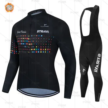 Mens Pro Team Teplá STRAVA Bunda Nastaviť Zimné Cyklistické Oblečenie Long Sleeve Jersey MTB Oblečenie Thermal Fleece Ropa Ciclismo