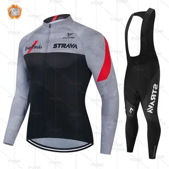 Mens Pro Team Teplá STRAVA Bunda Nastaviť Zimné Cyklistické Oblečenie Long Sleeve Jersey MTB Oblečenie Thermal Fleece Ropa Ciclismo Obrázok 2