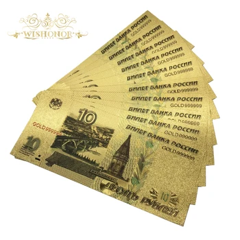 Wishonor 10Pcs/Veľa Farebné Rusko Bankovky 10 Rubeľ Bankoviek v 24K Zlatom Falošné Peniaze Replika Pre Dary a Zbierky Obrázok 2