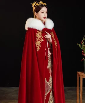 Hanfu Červený Zamatový Plášť Pre Ženy Čínske Tradičné Výšivky Zimné Hrubé Kapucňou Cape Žena Cosplay Kostým Plášť Pre Ženy