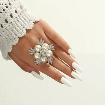 Luxusné Crystal Pearl Flower Prstene pre Ženy, Svadobné kórejský Štýl Elegantný Svadobný Prsteň Zásnubný Večierok Šperky Anillos Darček Obrázok 2