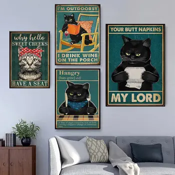 Duševné Čierna Mačka, Plagát Zadok Obrúsky Môj Pán Art Print Vintage Dobrý Deň, Sladká Líca Zábavné Kúpeľňa Plátno Na Maľovanie Domova Obrázok 2