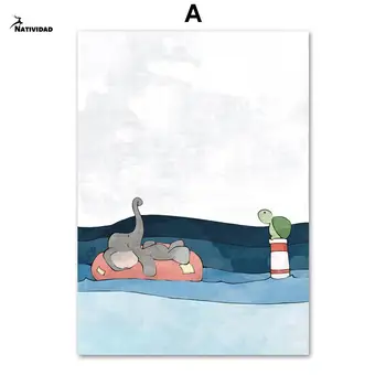 Modré More Ainimals Plagáty Korytnačka Veľryba Slon Zvierat Plátno Na Maľovanie Cartoon Nordic Obrazov Na Stenu Detské Detská Izba Decor Obrázok 2